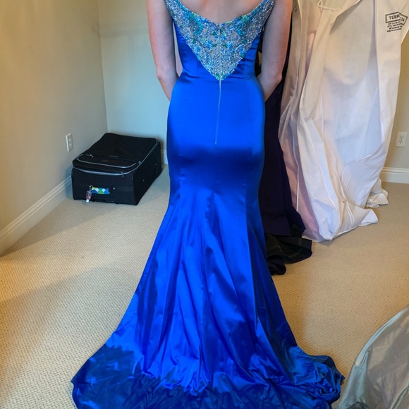 Sherri Hill Couture Satin Pageant Original One of a Kind Blue Dress With Train - Picture 2 of 6